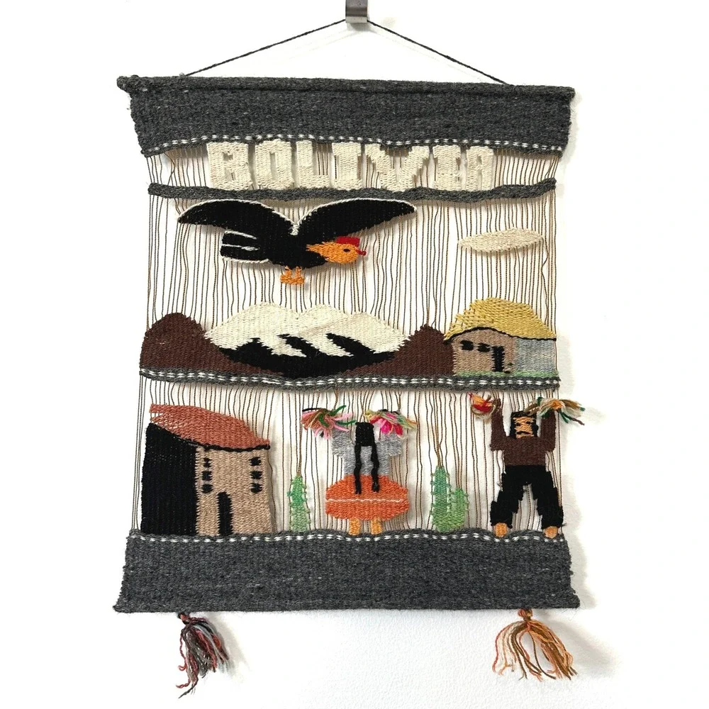 VTG Bolivia Woven Wool Wall Hanging Folk Art Condor Southwestern Style 15x17‎